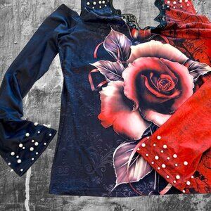 Boho-Chic Black & Red Bare-Shouldered Women's Top, Size XL; Pre-Owned